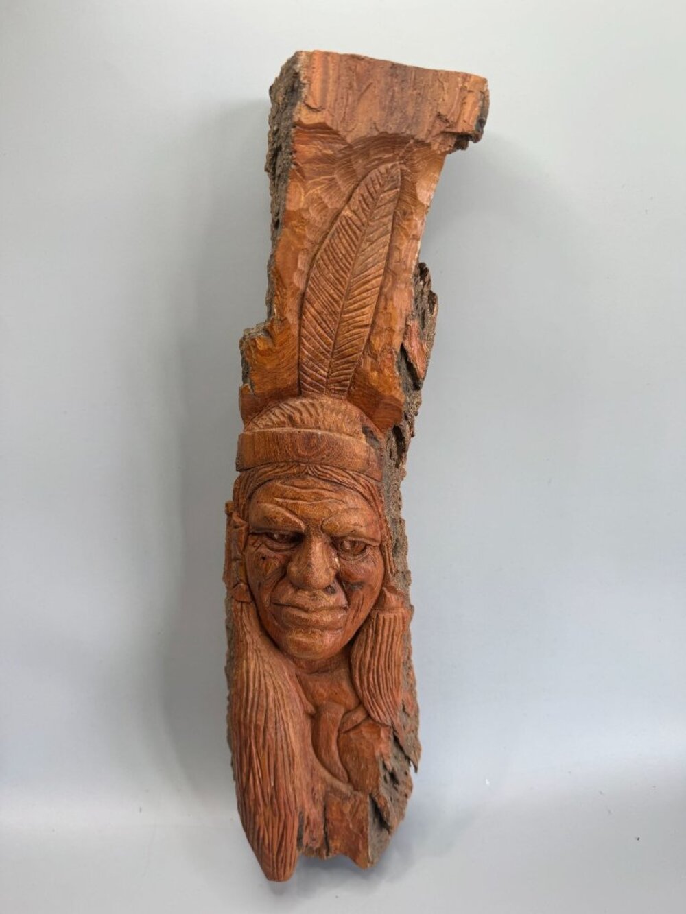 Hand Carved Wood Wall Plaque Figural Face Tribal Folk Art Bark Edge Signed 14" - Picture 4 of 8